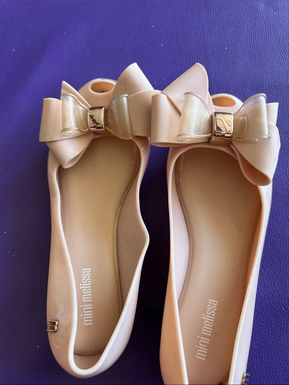 Mini Melissa Blush Pink Bow Peep-Toe Flats with Shimmer Accent